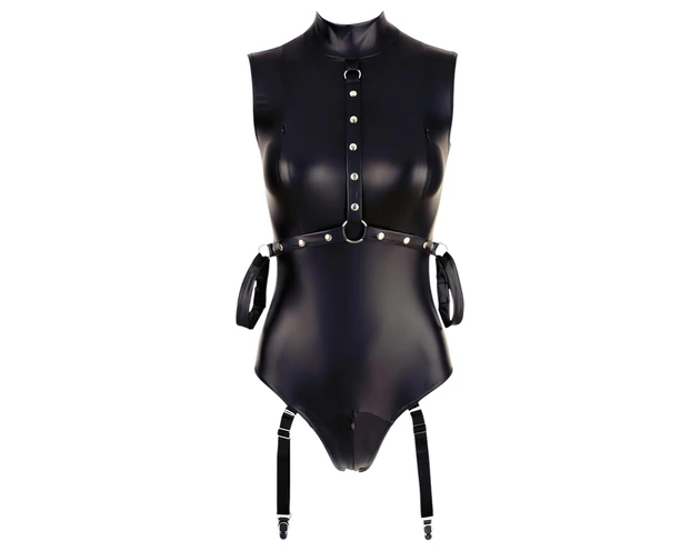 Cottelli Bondage - ujjatlan, fényes body és kar bilincs (fekete)