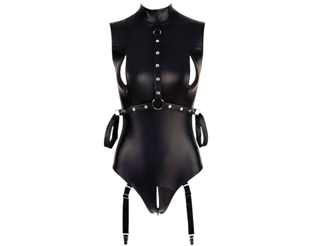 Cottelli Bondage - ujjatlan, fényes body és kar bilincs (fekete)