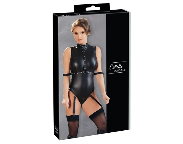 Cottelli Bondage - ujjatlan, fényes body és kar bilincs (fekete)