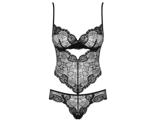 Obsessive Alluria - virágos csipke body (fekete)