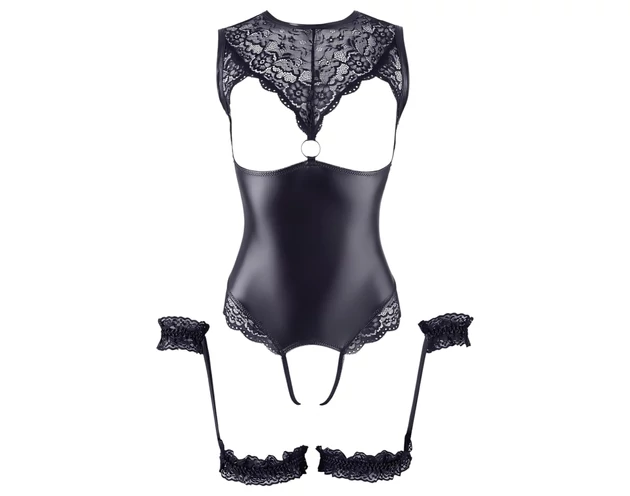 Cottelli Bondage - fényes nyitott body és kar bilincs (fekete)