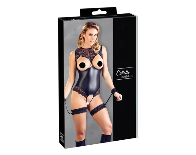 Cottelli Bondage - fényes nyitott body és kar bilincs (fekete)