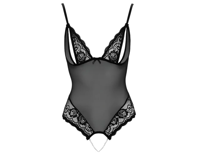 Cottelli - csipkés, gyöngyös nyitott body (fekete)