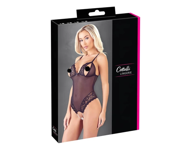 Cottelli - csipkés, gyöngyös nyitott body (fekete)
