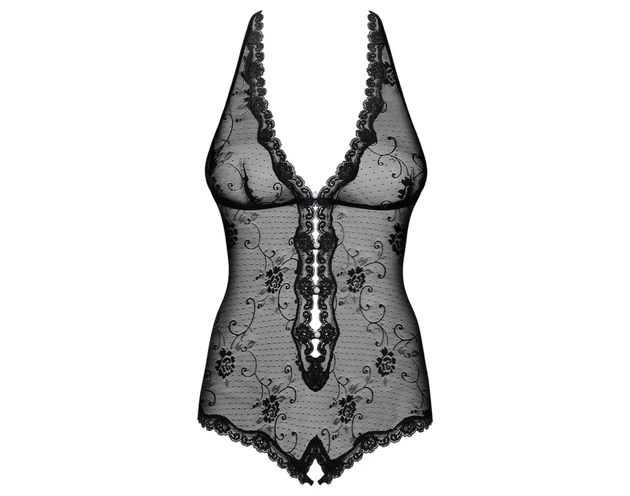 Obsessive Fiorenta - gyöngyös, nyitott, csipke body (fekete)
