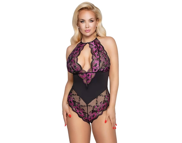Cottelli Plus Size - virágos body (fekete-lila)