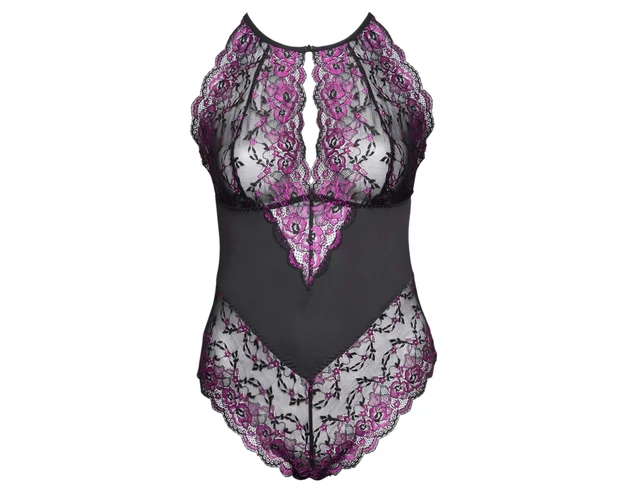 Cottelli Plus Size - virágos body (fekete-lila)