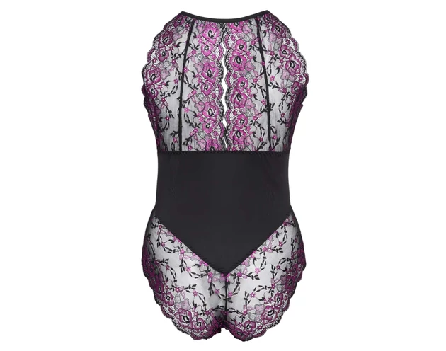 Cottelli Plus Size - virágos body (fekete-lila)
