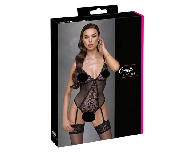 Cottelli - harisnyatartós, csipkés nyitott body (fekete)