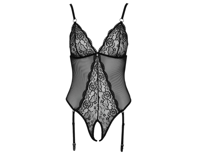 Cottelli - harisnyatartós, csipkés nyitott body (fekete)