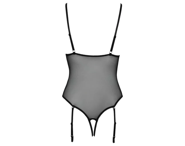 Cottelli - harisnyatartós, csipkés nyitott body (fekete)