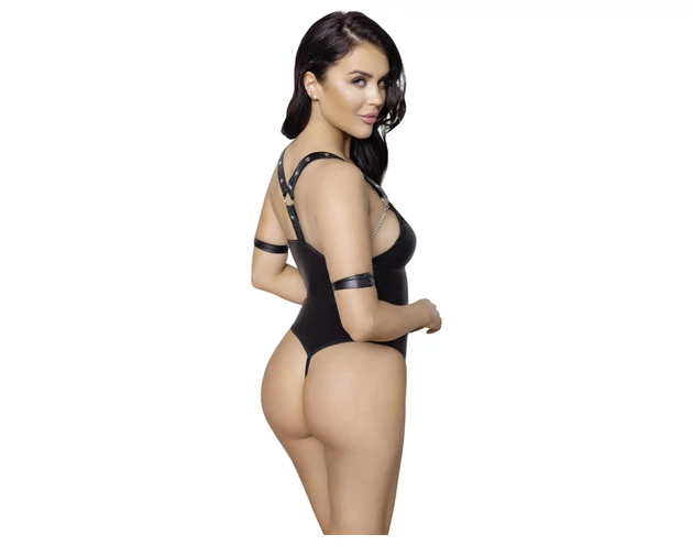 Cottelli Bondage - fényes, gyűrűs, nyitott body (fekete)