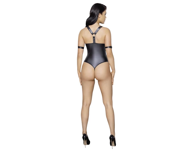 Cottelli Bondage - fényes, gyűrűs, nyitott body (fekete)