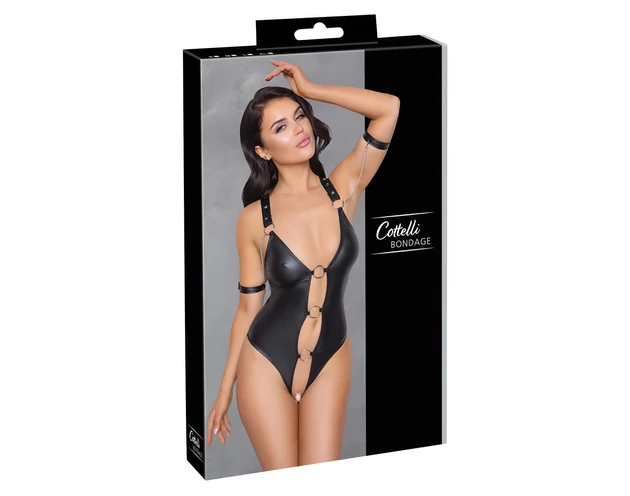 Cottelli Bondage - fényes, gyűrűs, nyitott body (fekete)