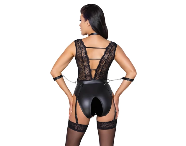 Cottelli Bondage - csipkés, nyakpántos body (fekete)