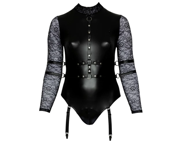 Cottelli Bondage Plus Size - csipkésujjú body (fekete)