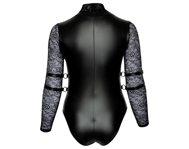 Cottelli Bondage Plus Size - csipkésujjú body (fekete)