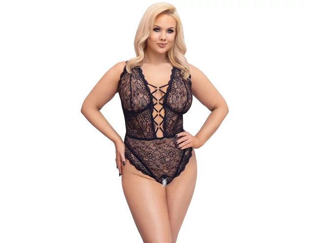 Cottelli Curves Plus Size - átlátszó mintás body (fekete)