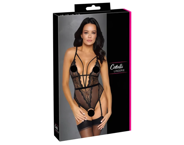 Cottelli - nyitott, pántos body harisnyatartóval (fekete)