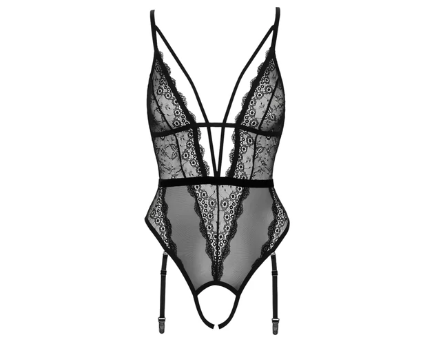 Cottelli - nyitott, pántos body harisnyatartóval (fekete)