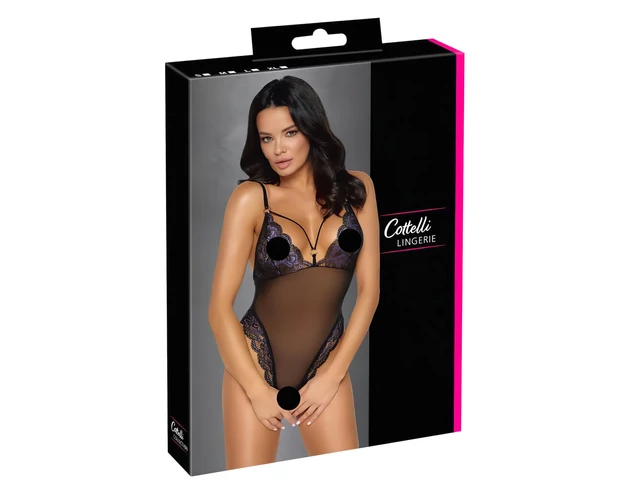 Cottelli - hímzett, nyitott csipke body (fekete-lila)