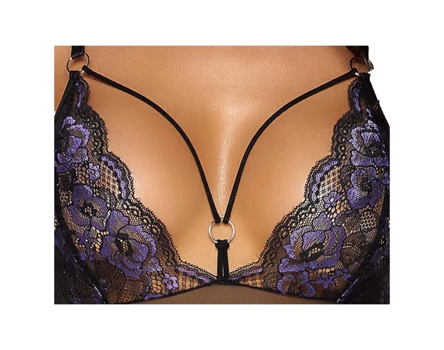 Cottelli - hímzett, nyitott csipke body (fekete-lila)