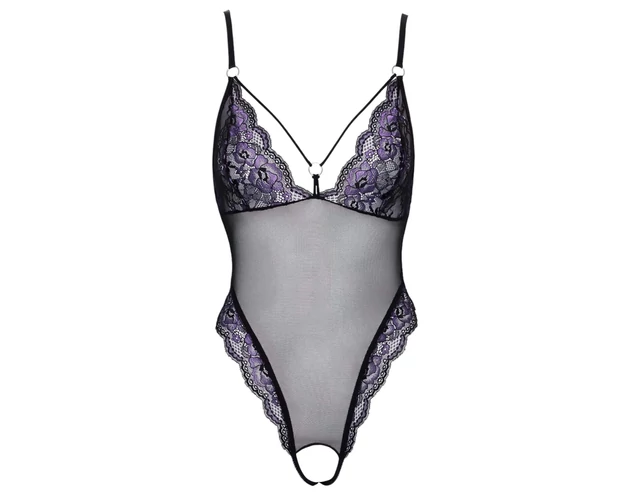 Cottelli - hímzett, nyitott csipke body (fekete-lila)