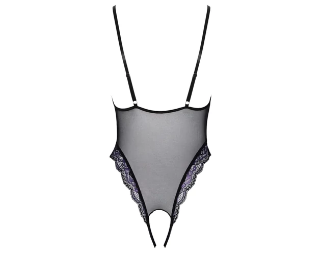 Cottelli - hímzett, nyitott csipke body (fekete-lila)