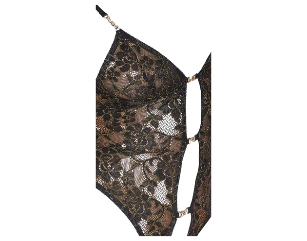 Abierta Fina - nyitott, csipkés body strasszos (fekete)