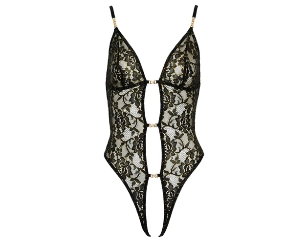 Abierta Fina - nyitott, csipkés body strasszos (fekete)