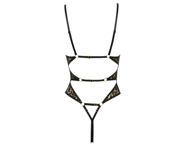 Abierta Fina - nyitott, csipkés body strasszos (fekete)