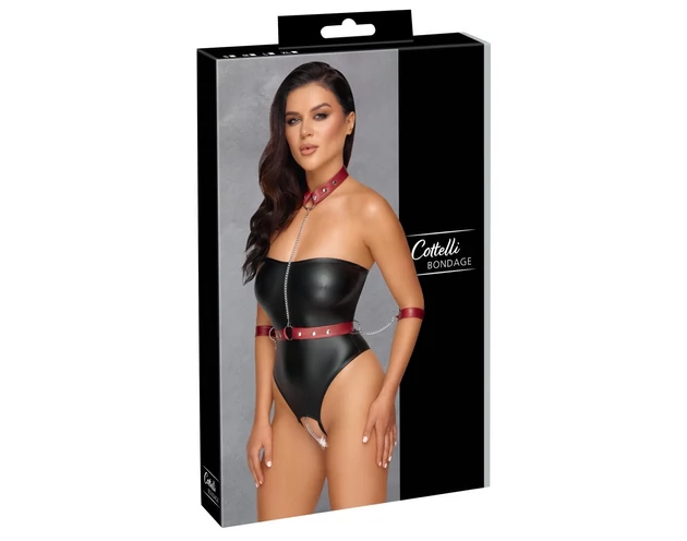 Cottelli Bondage - fényes body és kar bilincs (fekete)