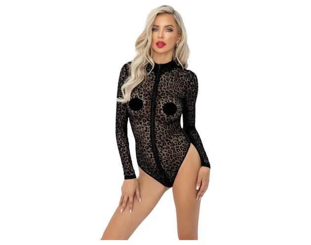 Noir - leopárd mintás, hosszúujjú body (fekete)