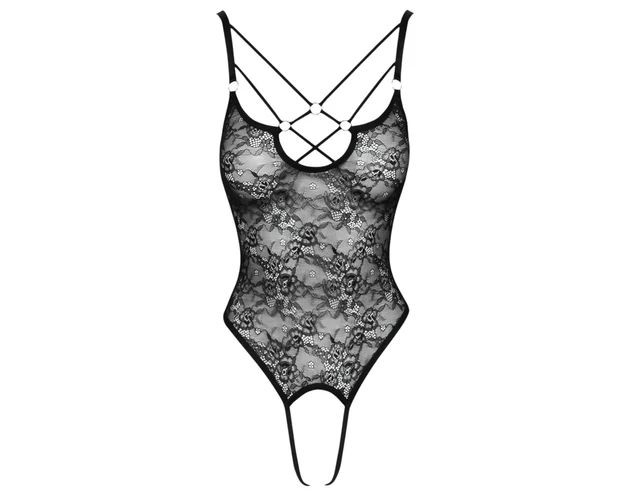 Cottelli - átlátszó, nyitott csipke body (fekete)