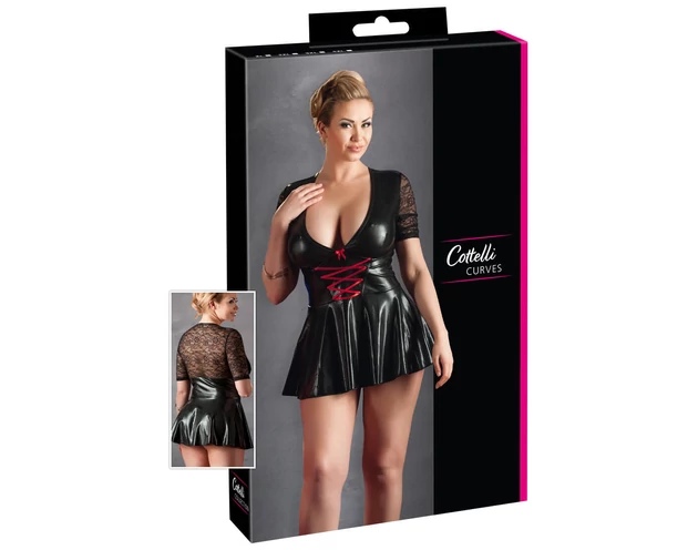 Cottelli Plus Size - fényes ruha piros fűzővel (fekete)