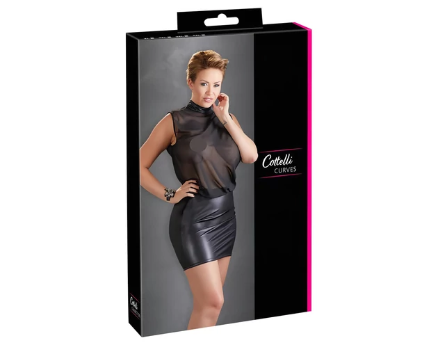 Cottelli Plus Size - fényes chiffon ruha (fekete)