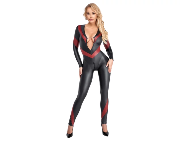 Cottelli - bőrhatású cipzáras overál (fekete)