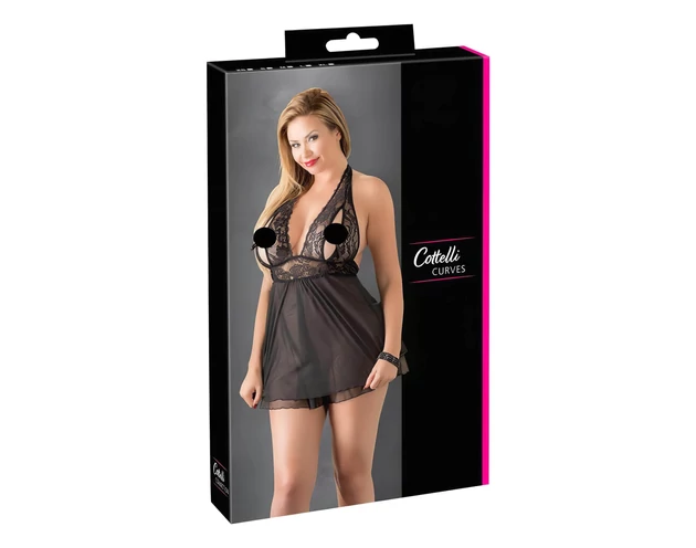 Cottelli Plus Size - csipkés lenge babydoll (fekete)
