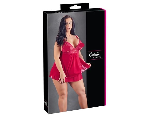 Cottelli Plus Size - csipkés, lenge babydoll (piros)