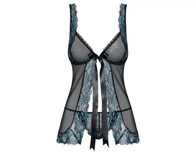 Obsessive Amanta - hímzett babydoll és tanga (fekete-türkiz)
