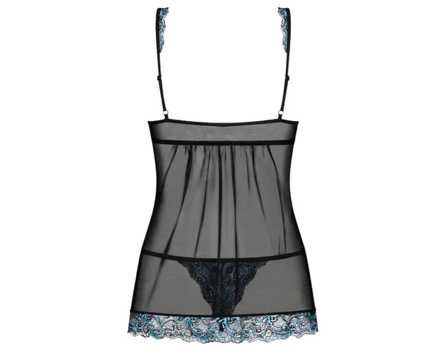 Obsessive Amanta - hímzett babydoll és tanga (fekete-türkiz)