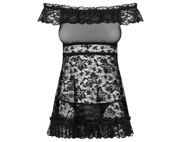Obsessive Flores - fodros babydoll és tanga (fekete)