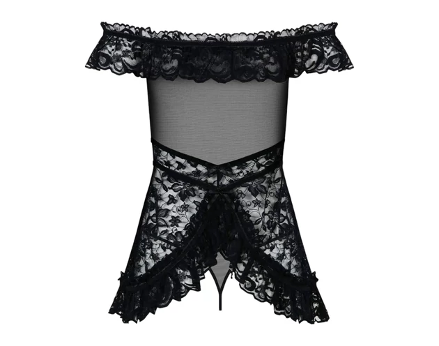 Obsessive Flores - fodros babydoll és tanga (fekete)