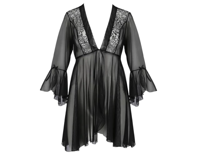 Passion Eco Primula - csipke köntös és tanga (fekete)