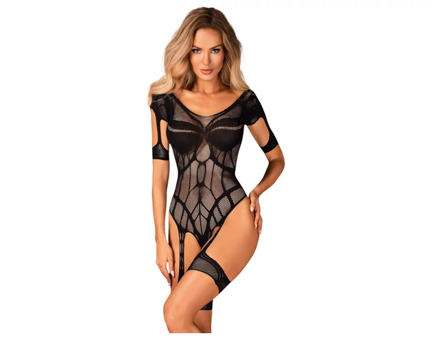 Obsessive - mintás nyitott necc body (fekete) -(S-L)