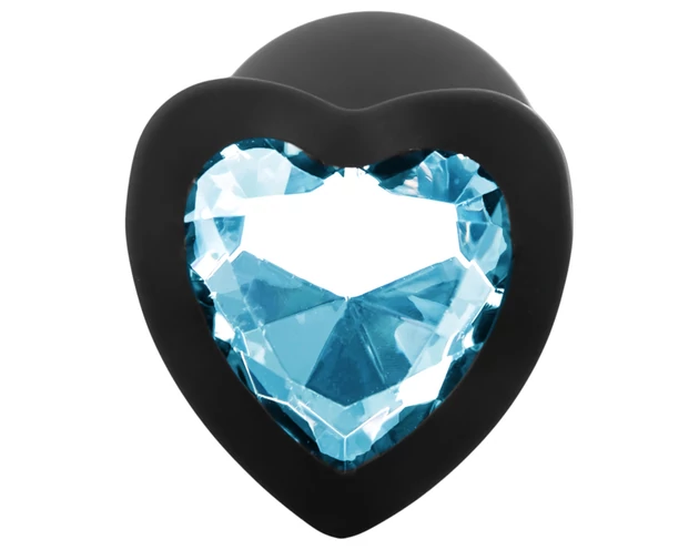 Sunfo - szilikon anál plug szív alakú kék kővel (fekete)