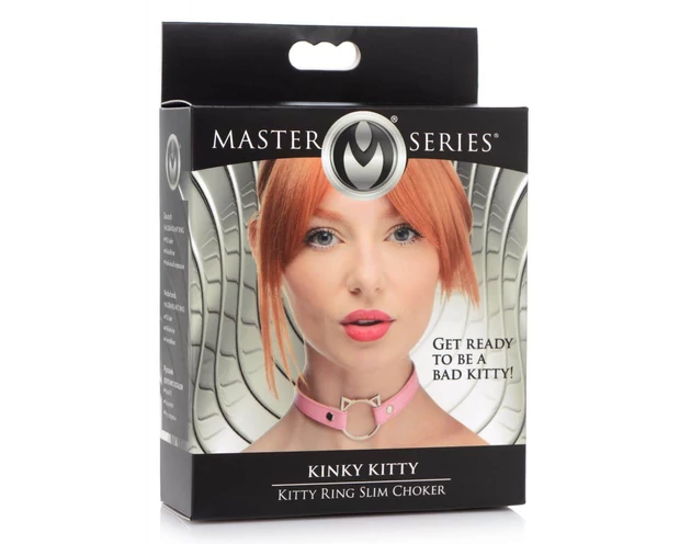 Master Series Kinky Kitty - nyakörv cica fej karikával (pink)