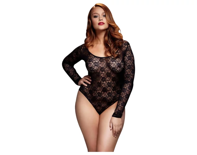 BACI Plus Size - hosszúujjú, csipke body - fekete (XL-XXL)