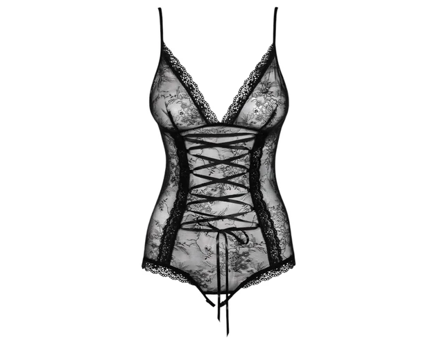 Obsessive Slevika - elöl fűzős, nyitott csipke body (fekete)