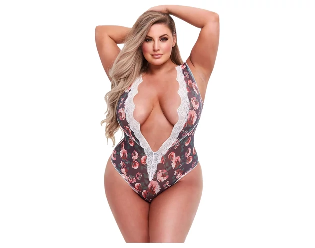 Baci Plus Size - virágos, csipkés body